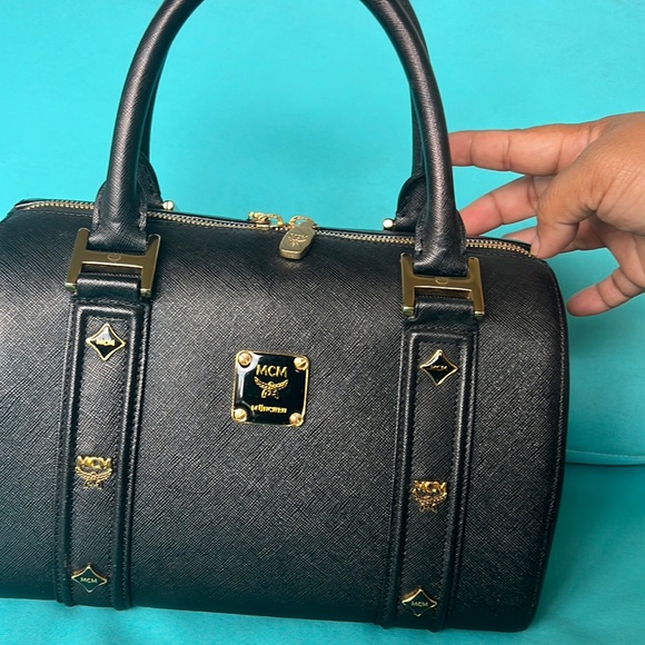 MCM Boston Bag Studded Logo Motifs Black Saffiano Leather Satchel - Picture 13 of 13